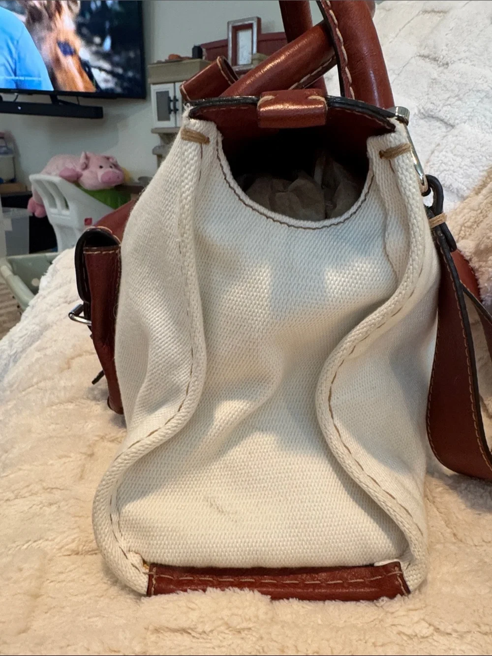Chloe Edith White Canvas and Brown Leather Satchel with Strap